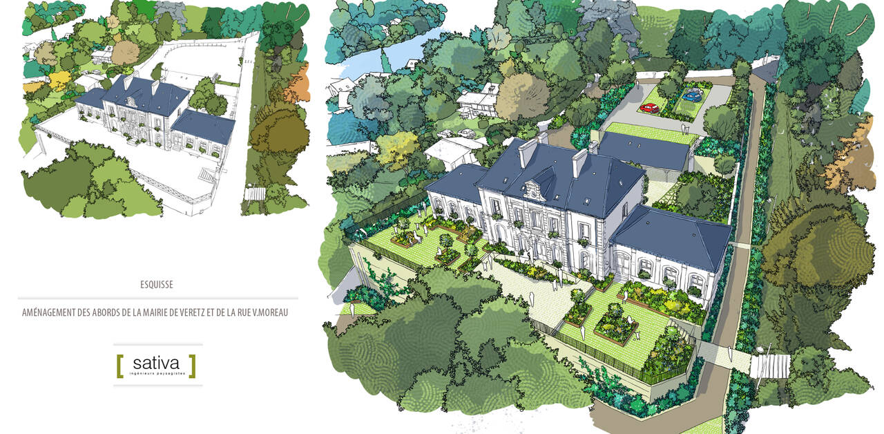 Esquisse SATIVA - travaux de renaturation abords de la mairie de Véretz